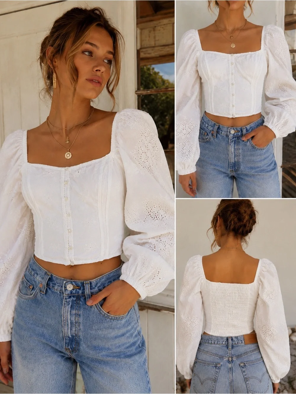 Free People White Eyelet Off Shoulder Milkmaid Peasant Crop Top Boho XS/S